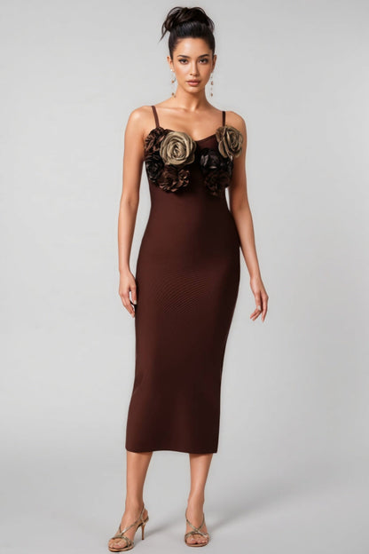 Edyta V-neck Flower Bandage Midi Dress