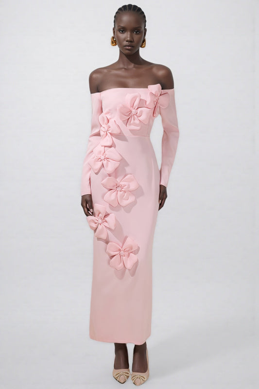 Verna Pink 3d Flower Off-shoulder Midi Dress