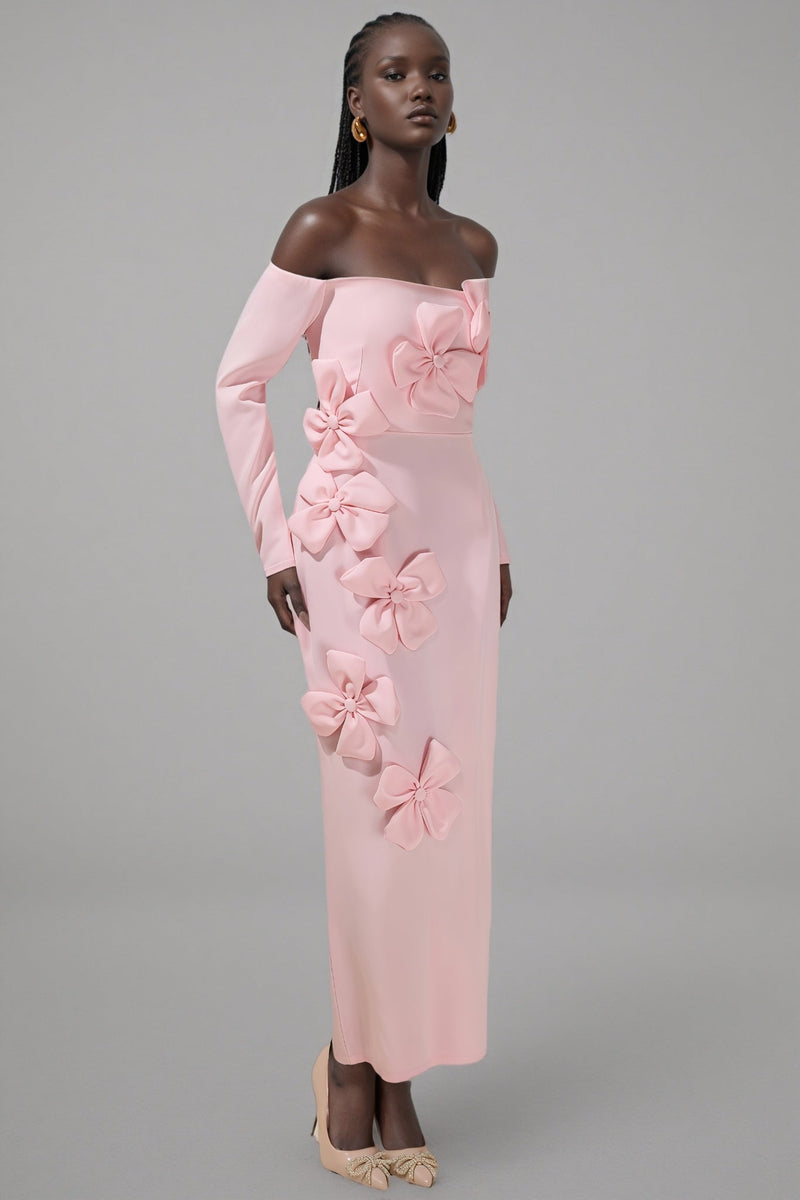 Verna Pink 3d Flower Off-shoulder Midi Dress