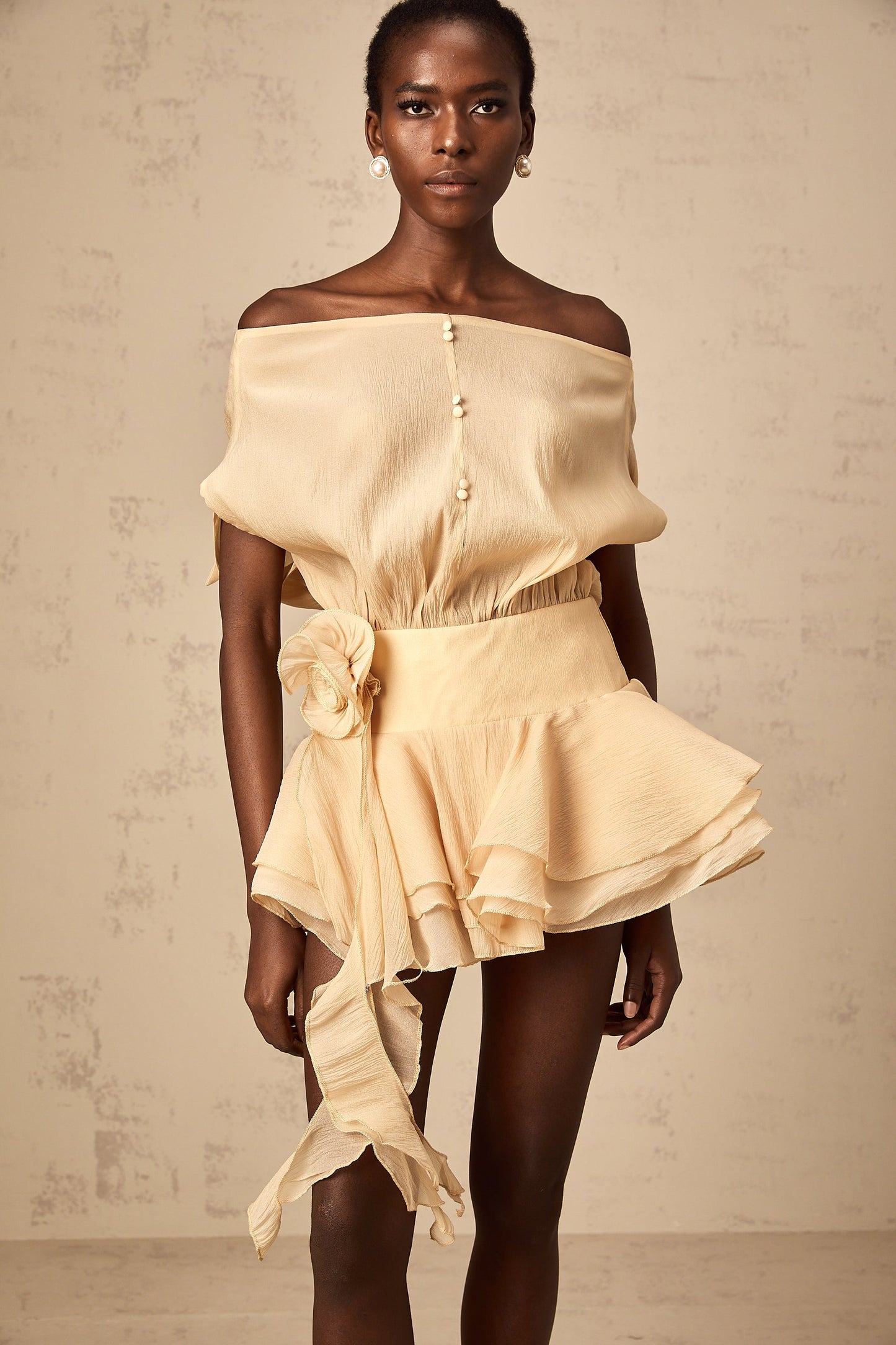 Marina Off Shoulder Applique Dress & Shorts Set