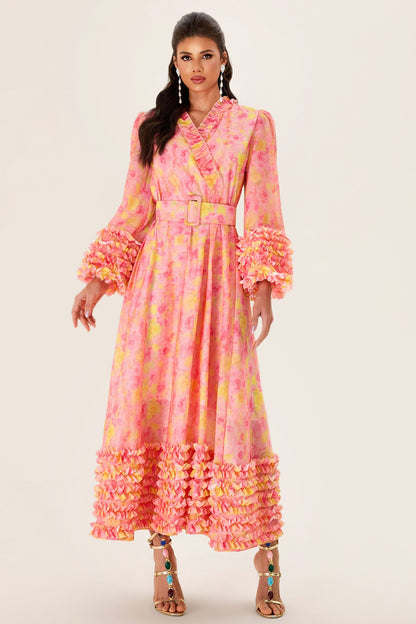 Long Sleeve V-neck Midi Dress With Belt