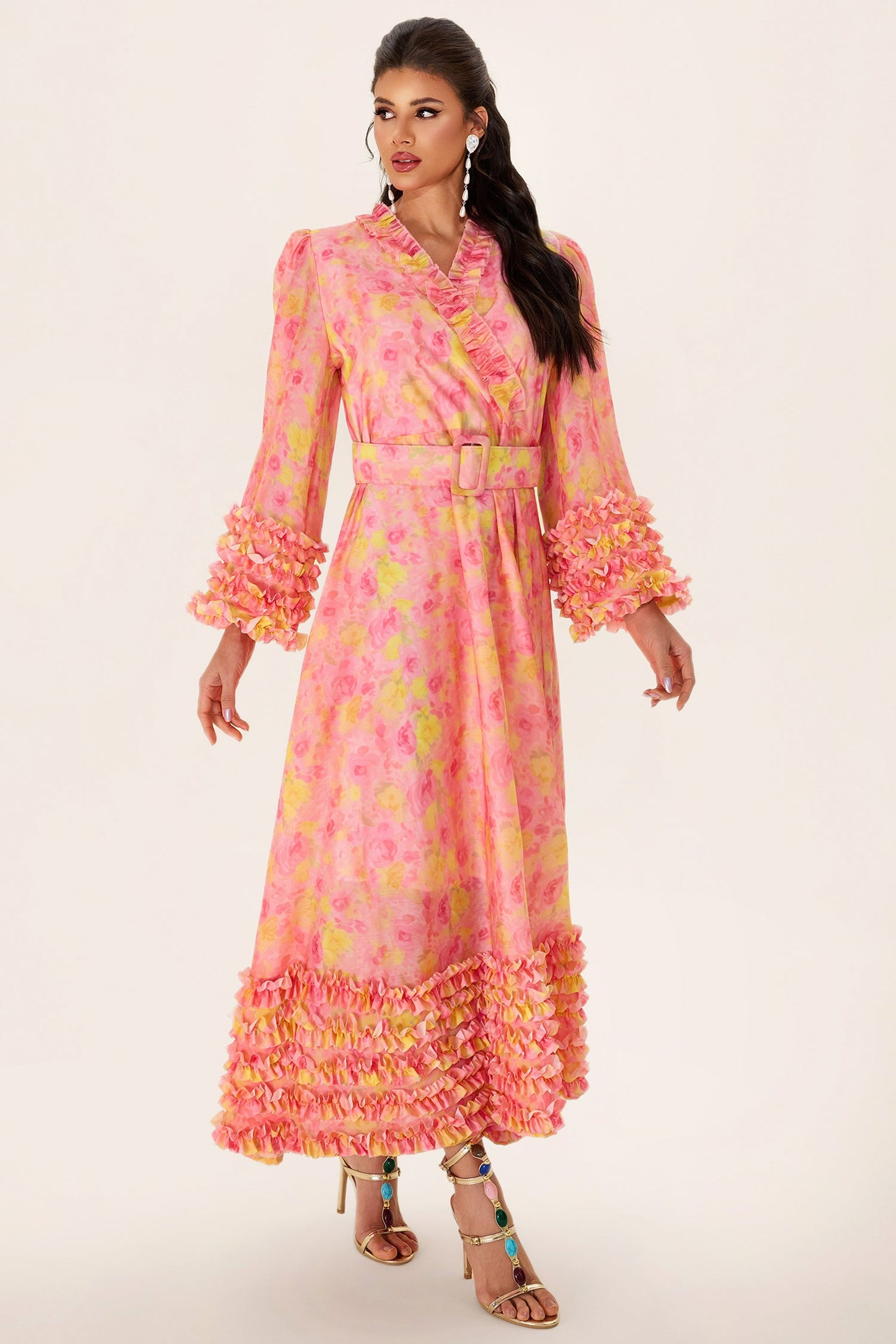 Long Sleeve V-neck Midi Dress With Belt