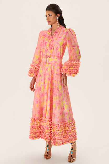 Long Sleeve V-neck Midi Dress With Belt