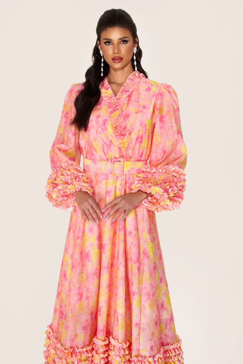 Long Sleeve V-neck Midi Dress With Belt