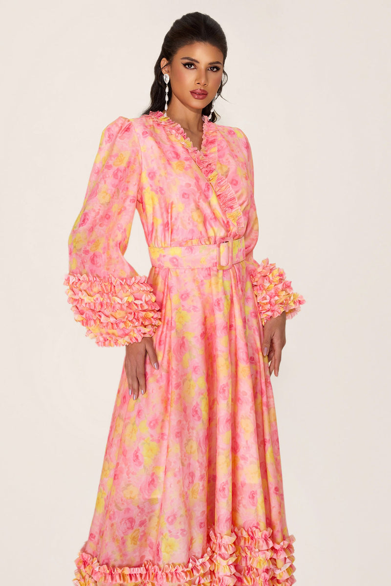Long Sleeve V-neck Midi Dress With Belt
