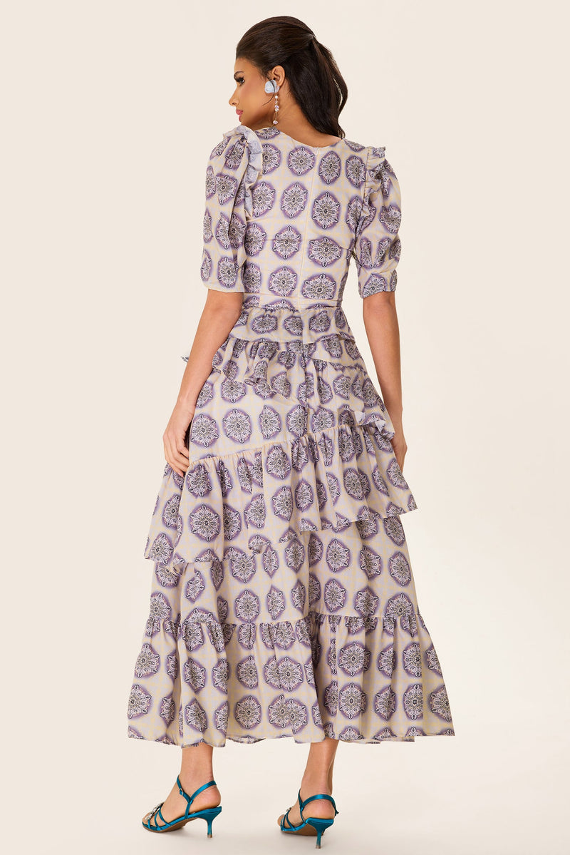 Ruffle Puff Sleeve Bow Midi Dress