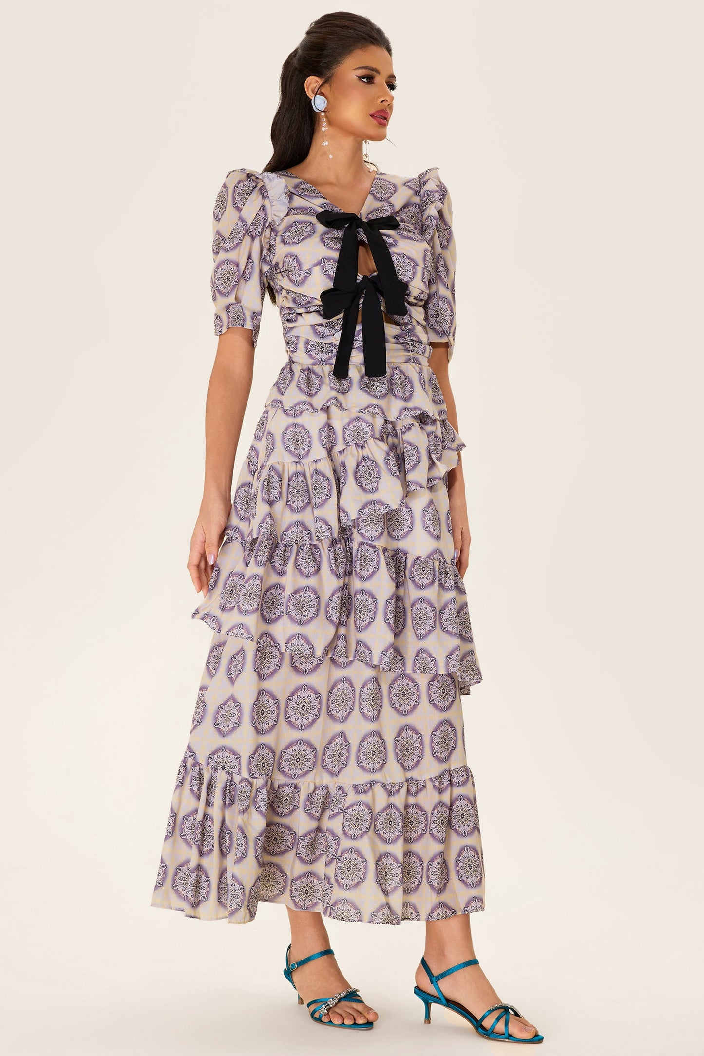 Ruffle Puff Sleeve Bow Midi Dress