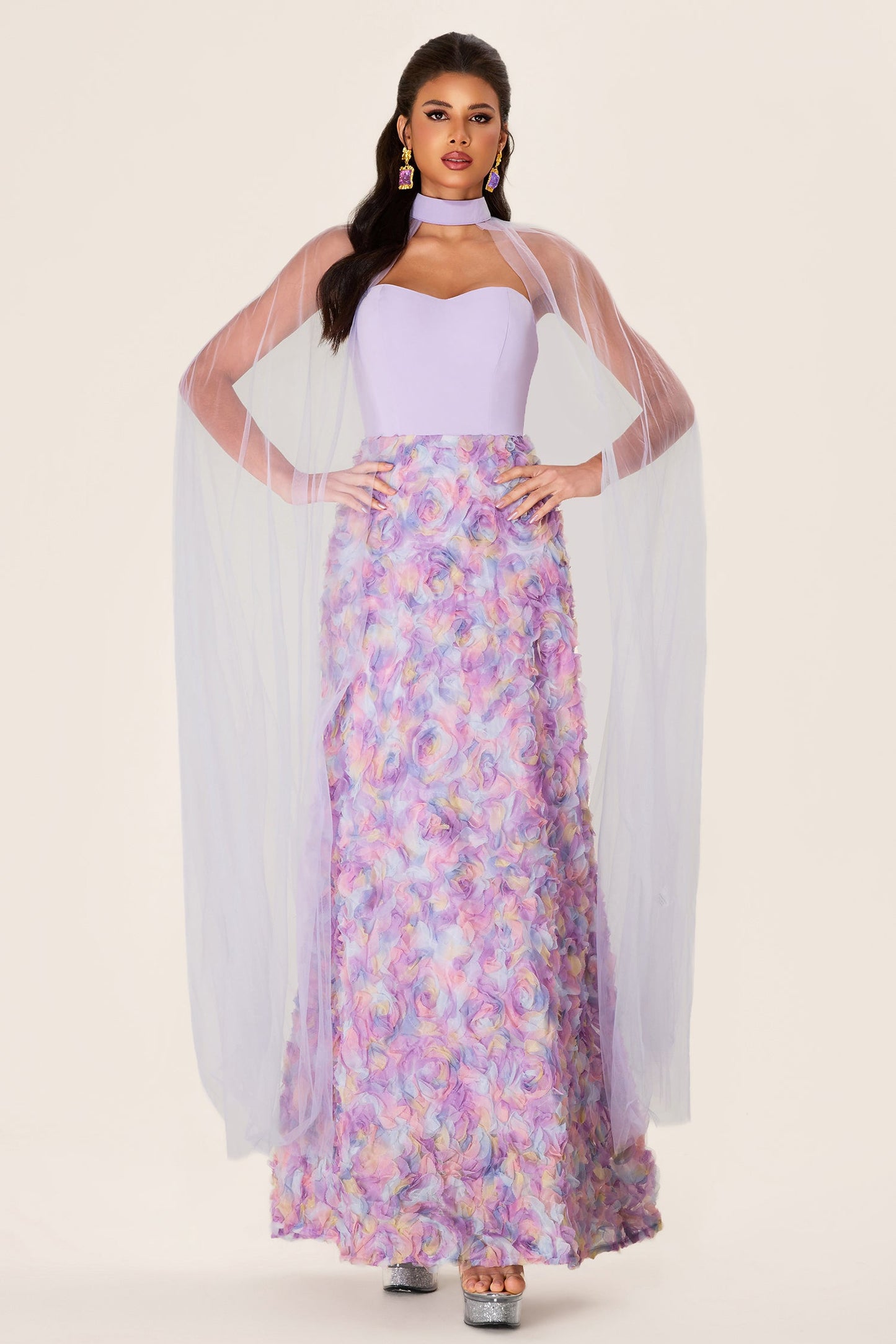 3d Flower Heart Shape Neck Maxi Dress With Cape