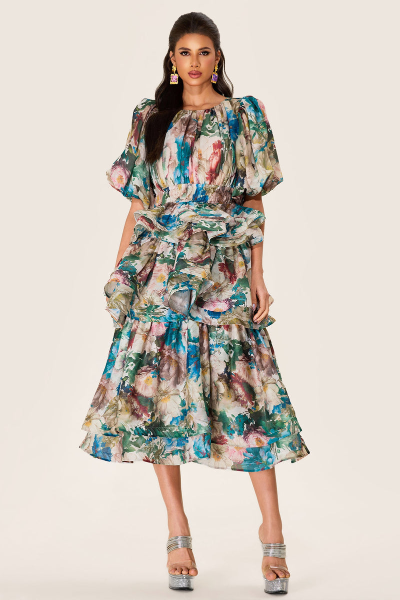 Puff Sleeve Tiered Midi Dress