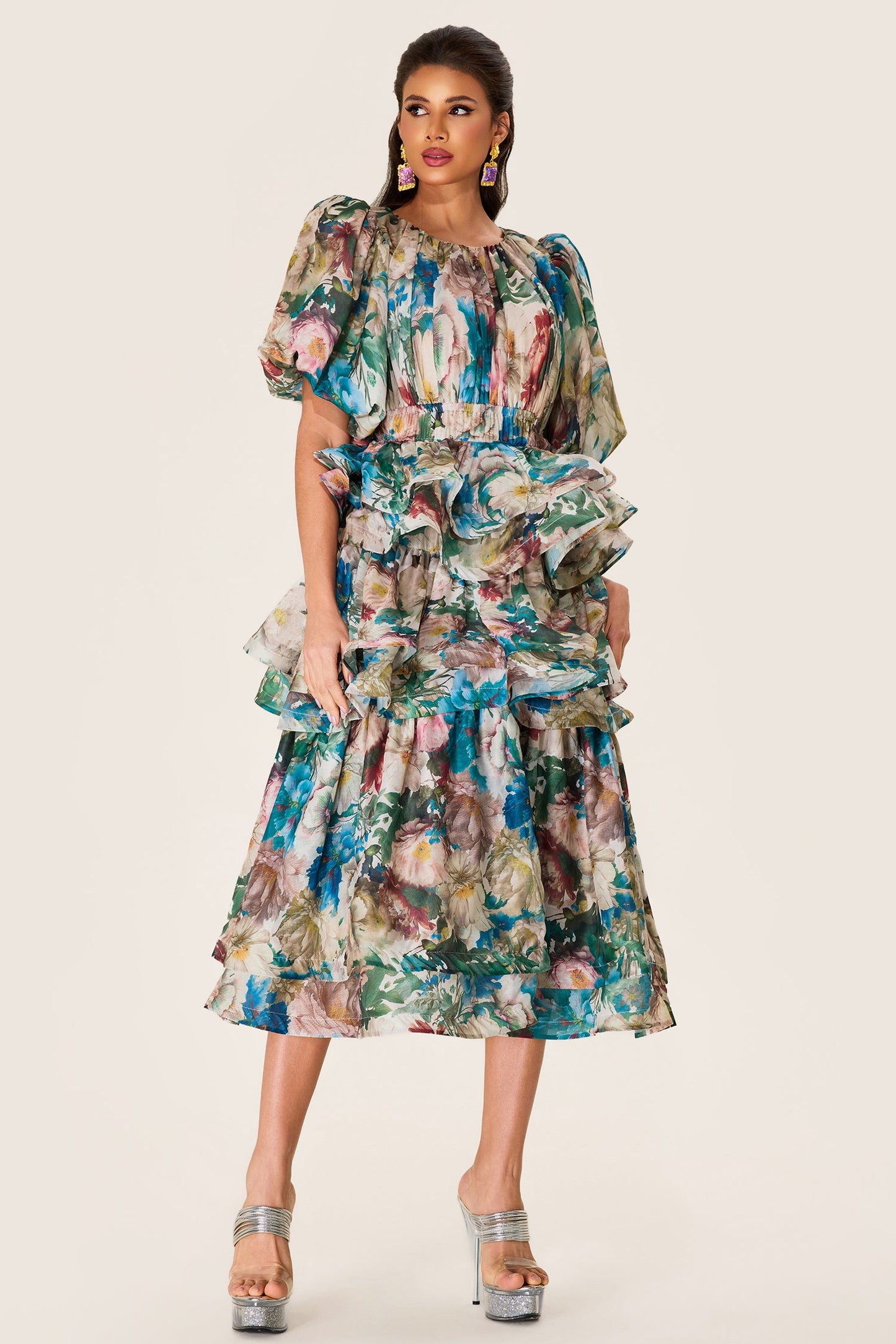 Puff Sleeve Tiered Midi Dress