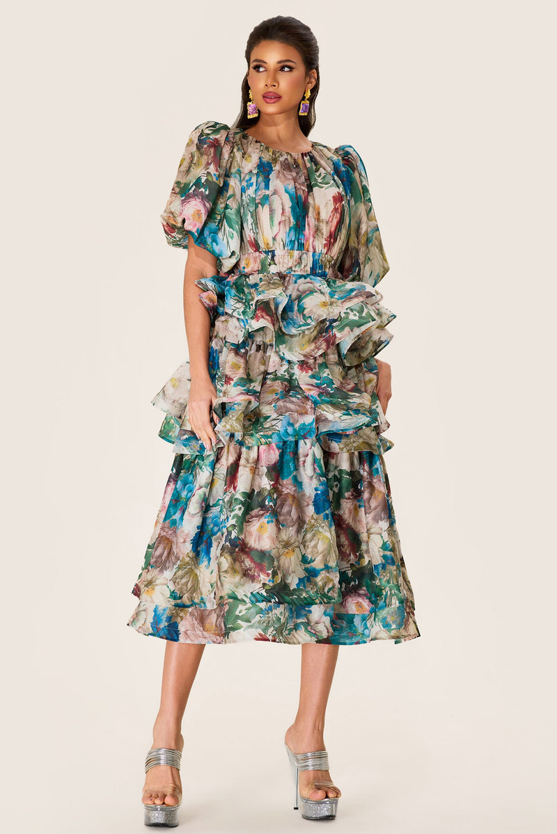 Puff Sleeve Tiered Midi Dress