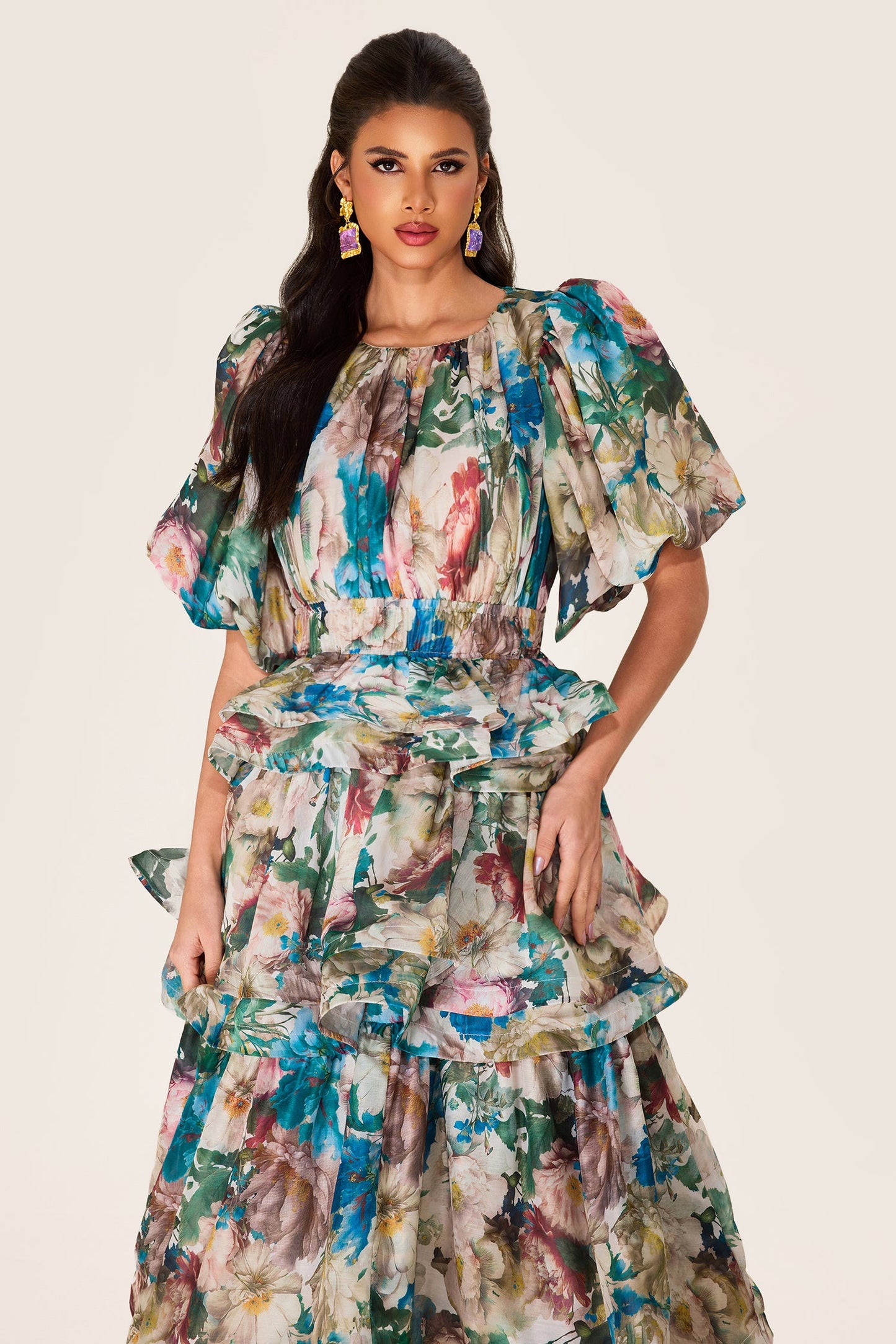 Puff Sleeve Tiered Midi Dress