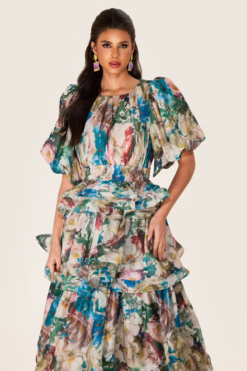 Puff Sleeve Tiered Midi Dress