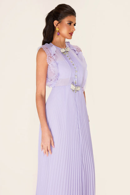 Rhinestone Bow Sleeveless Pleat Midi Dress