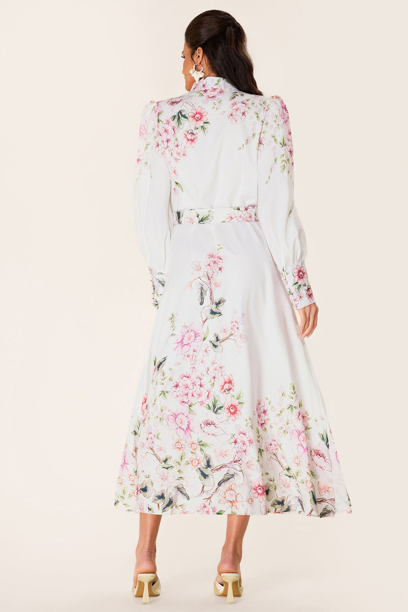 Lantern Sleeve Midi Dress With Belt