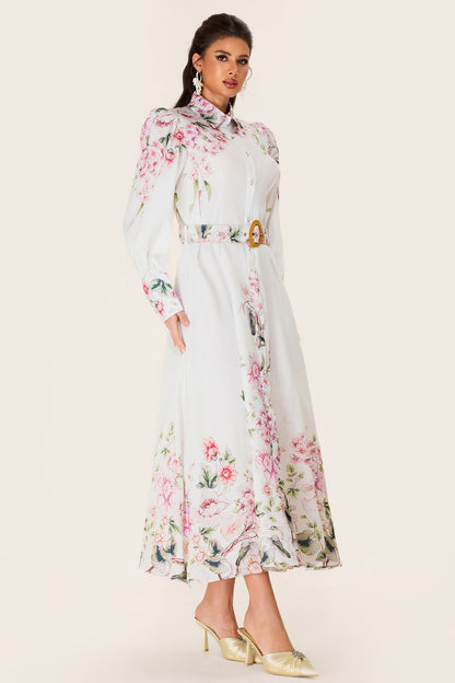 Lantern Sleeve Midi Dress With Belt