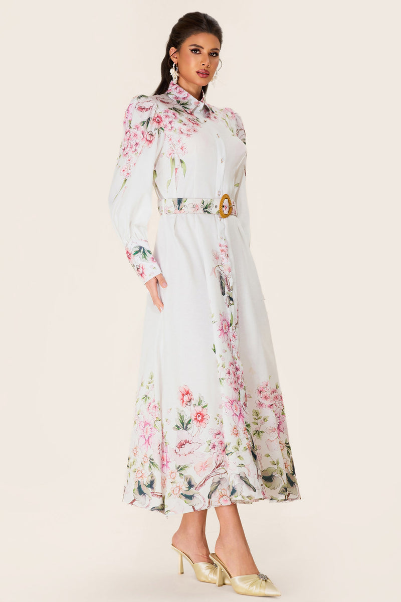 Lantern Sleeve Midi Dress With Belt