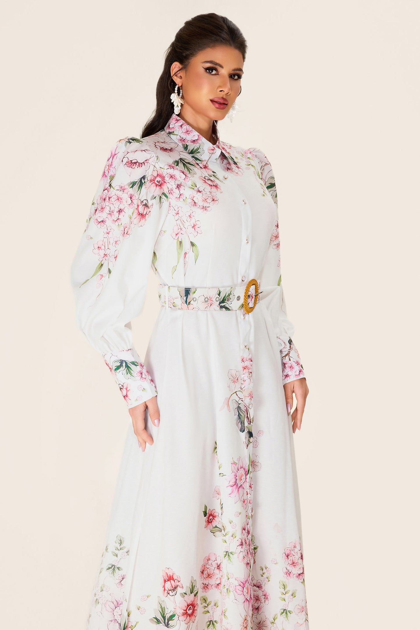 Lantern Sleeve Midi Dress With Belt
