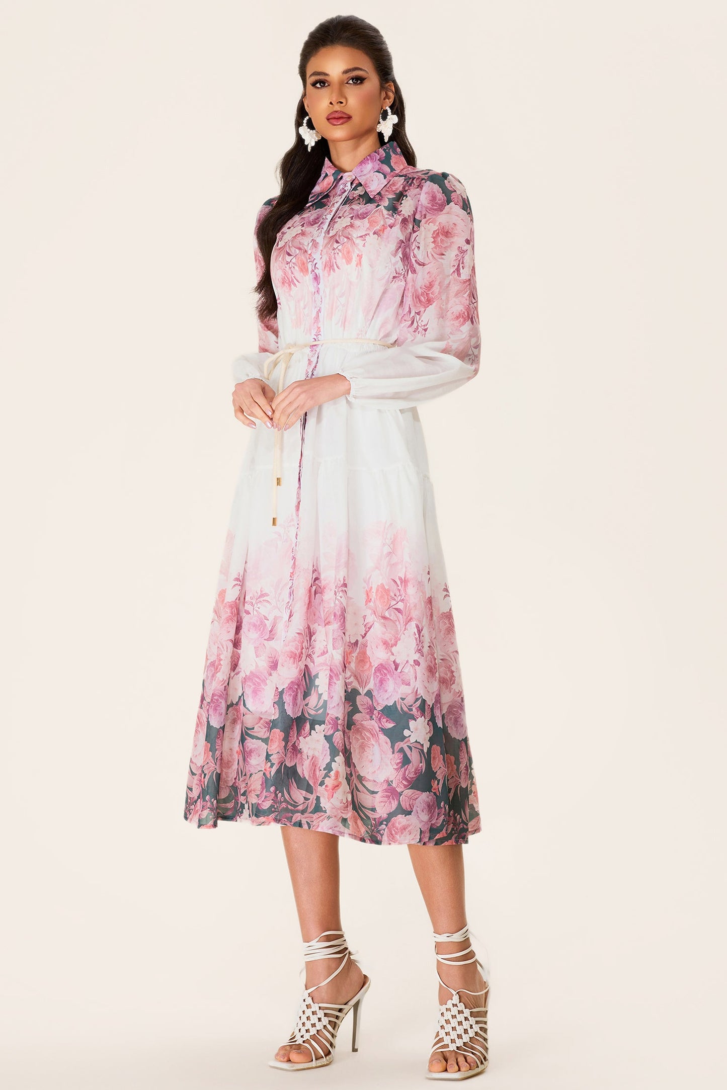 Shirt Collar Long Sleeve Midi Dress