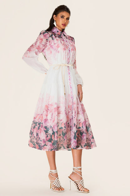 Shirt Collar Long Sleeve Midi Dress