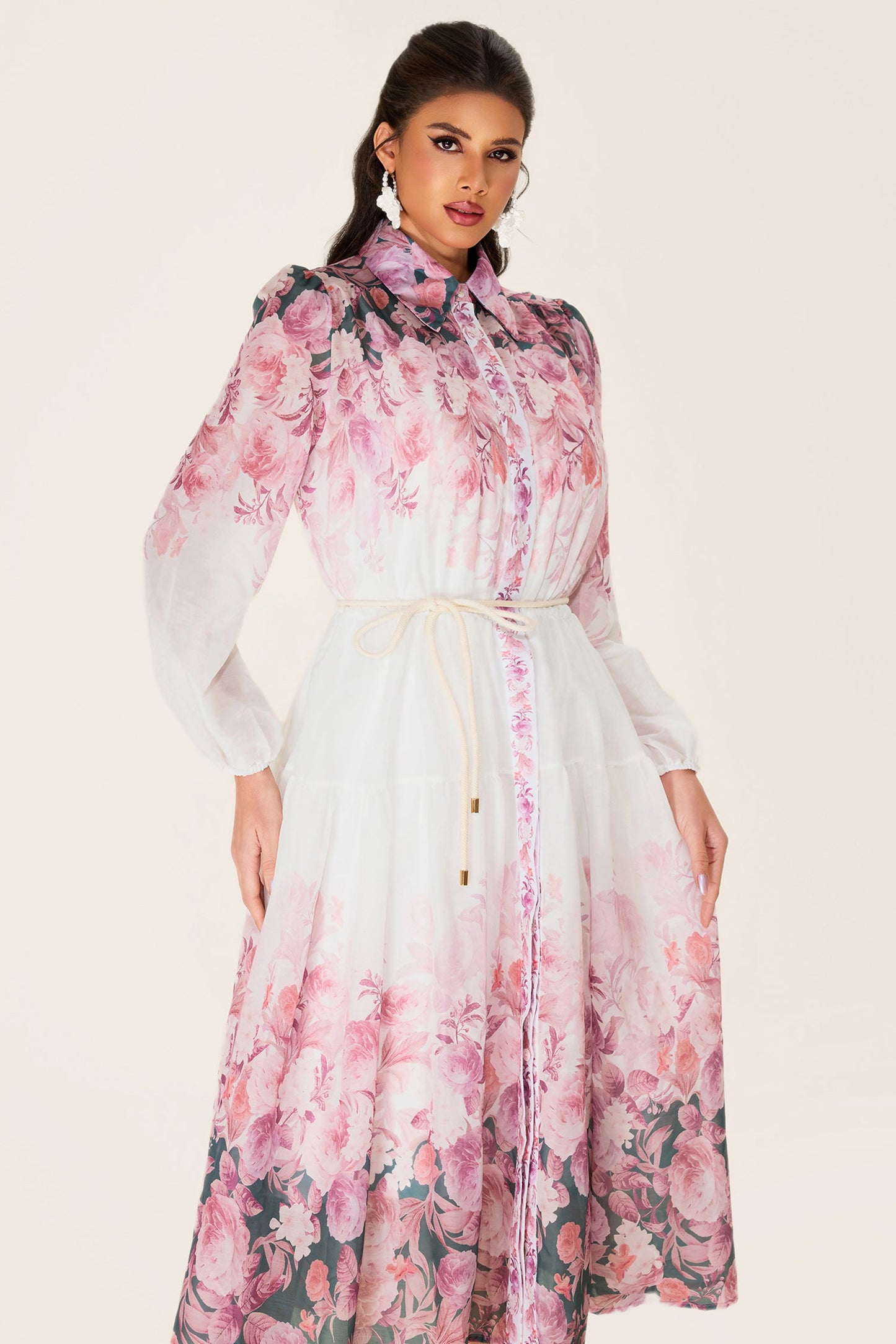 Shirt Collar Long Sleeve Midi Dress