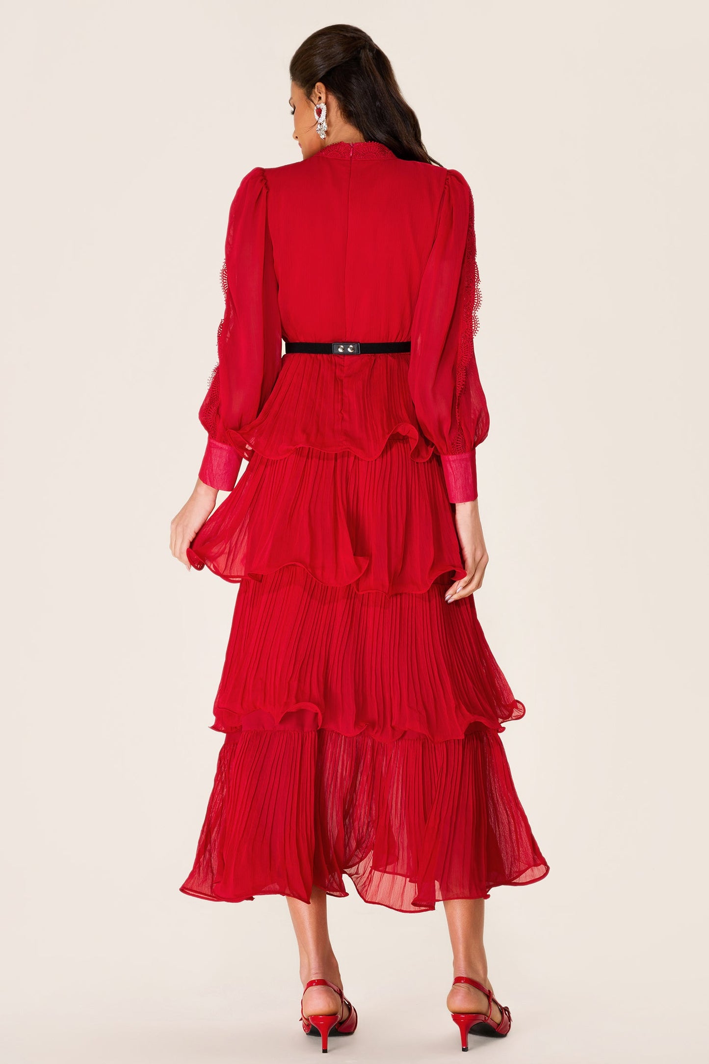 Embroidered Ruffle Stand Collar Maxi Dress