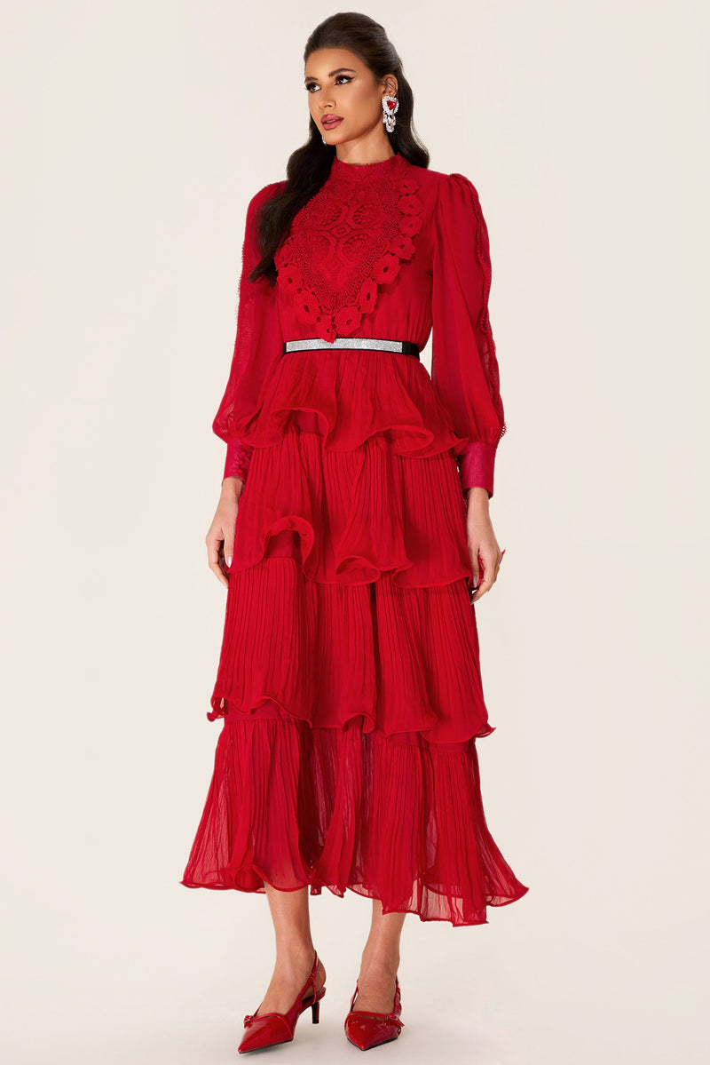 Embroidered Ruffle Stand Collar Maxi Dress