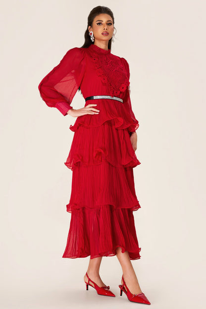 Embroidered Ruffle Stand Collar Maxi Dress