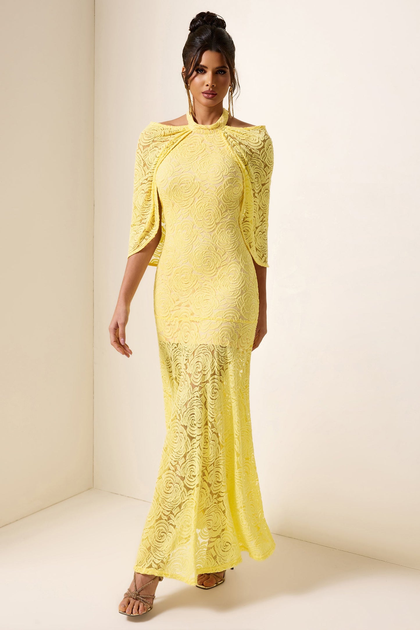 Embroidered Cape Halter Neck Maxi Dress