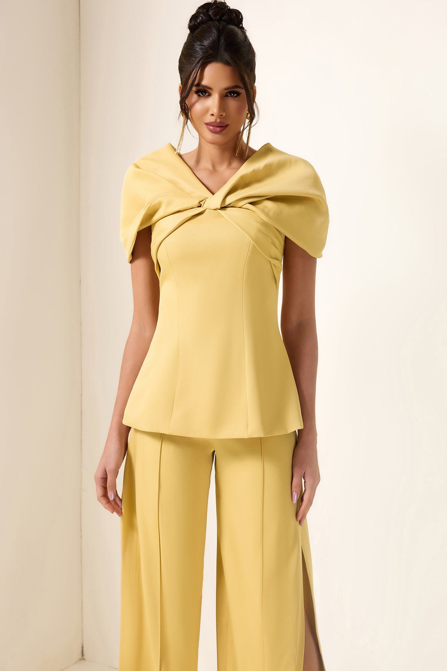Knotted V-neck Top & High Waist Loose Pants