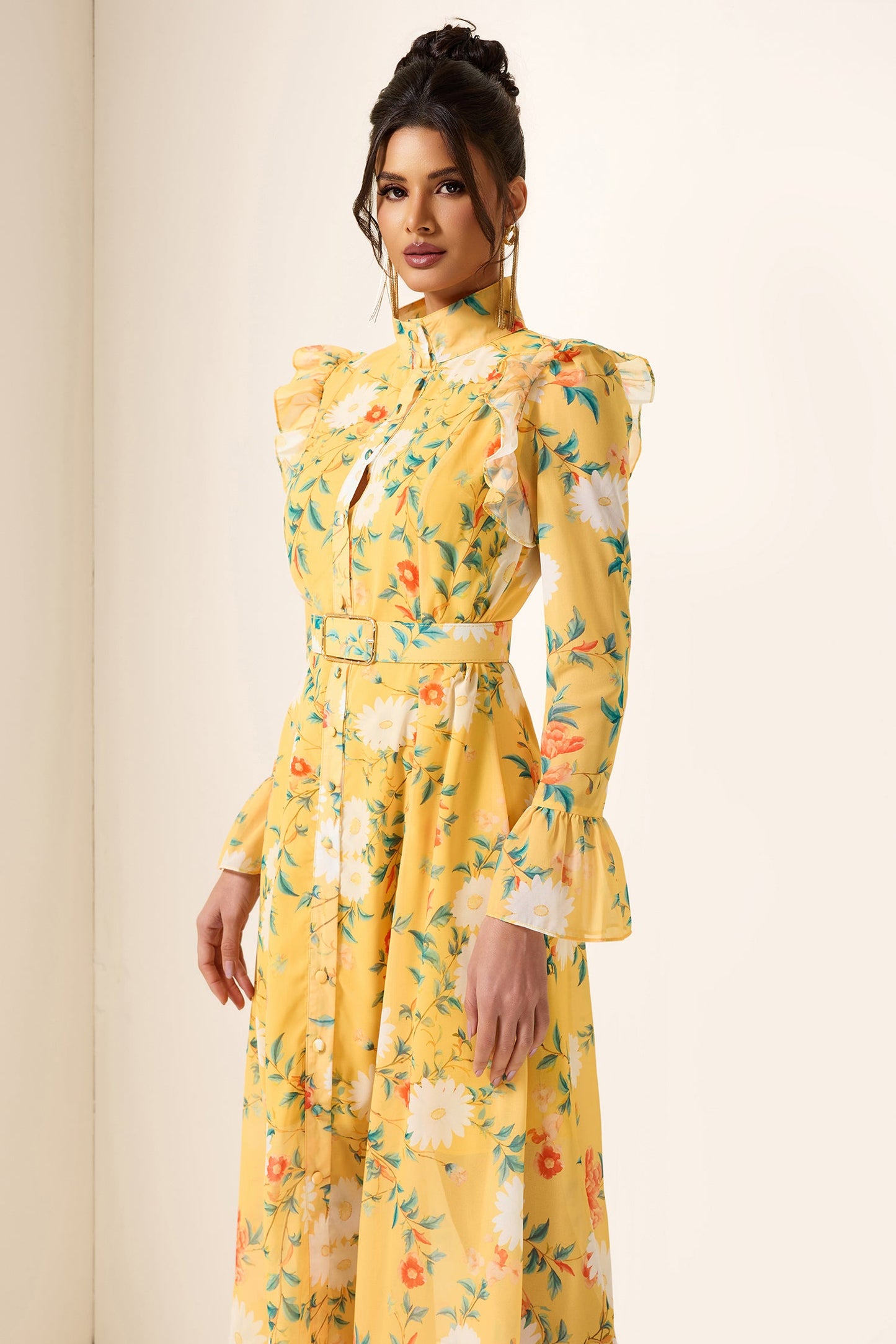 Frill Butterfly Sleeve Midi Dress With Belt