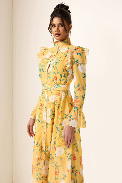 Frill Butterfly Sleeve Midi Dress With Belt
