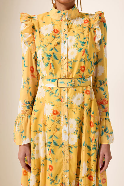 Frill Butterfly Sleeve Midi Dress With Belt