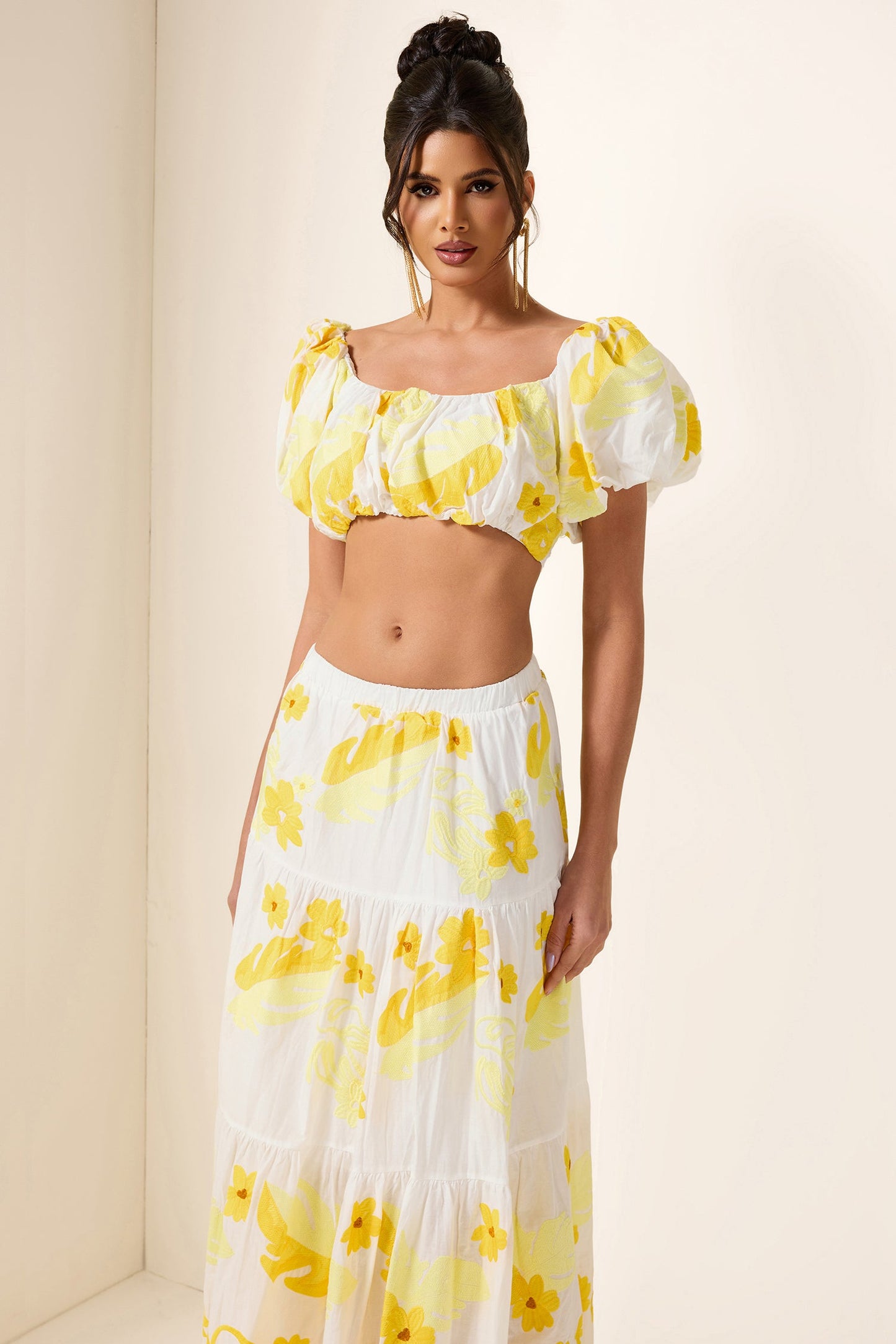Embroidery Off-shoulder Top & High Waist Midi Dress Set