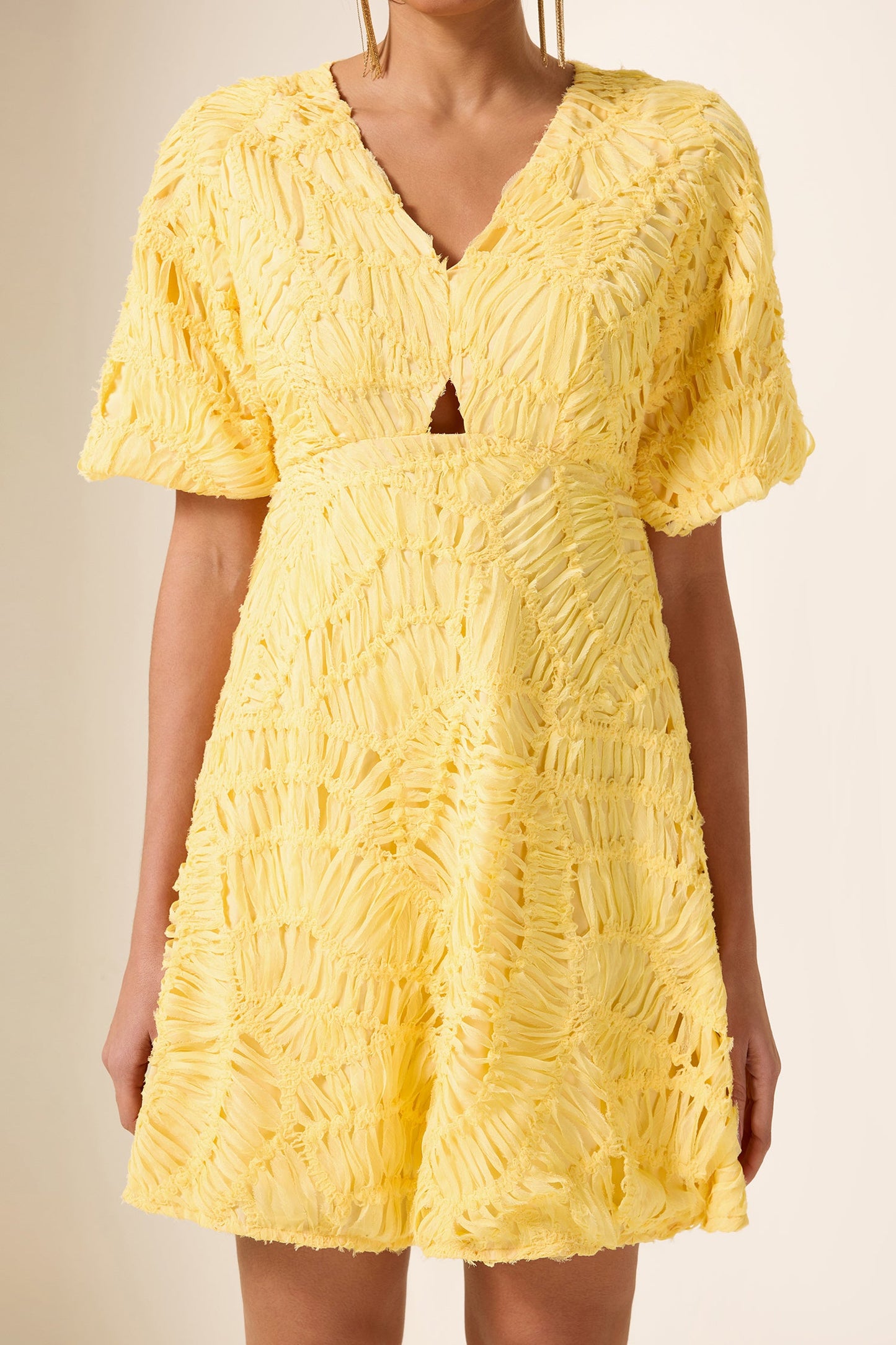 Cut-out V-neck Puff Sleeve Mini Dress