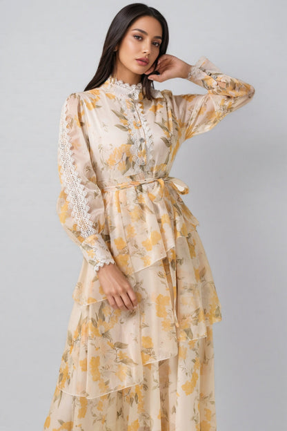 Leonasd Lace Splicing Chiffon Ruffle Midi Dress
