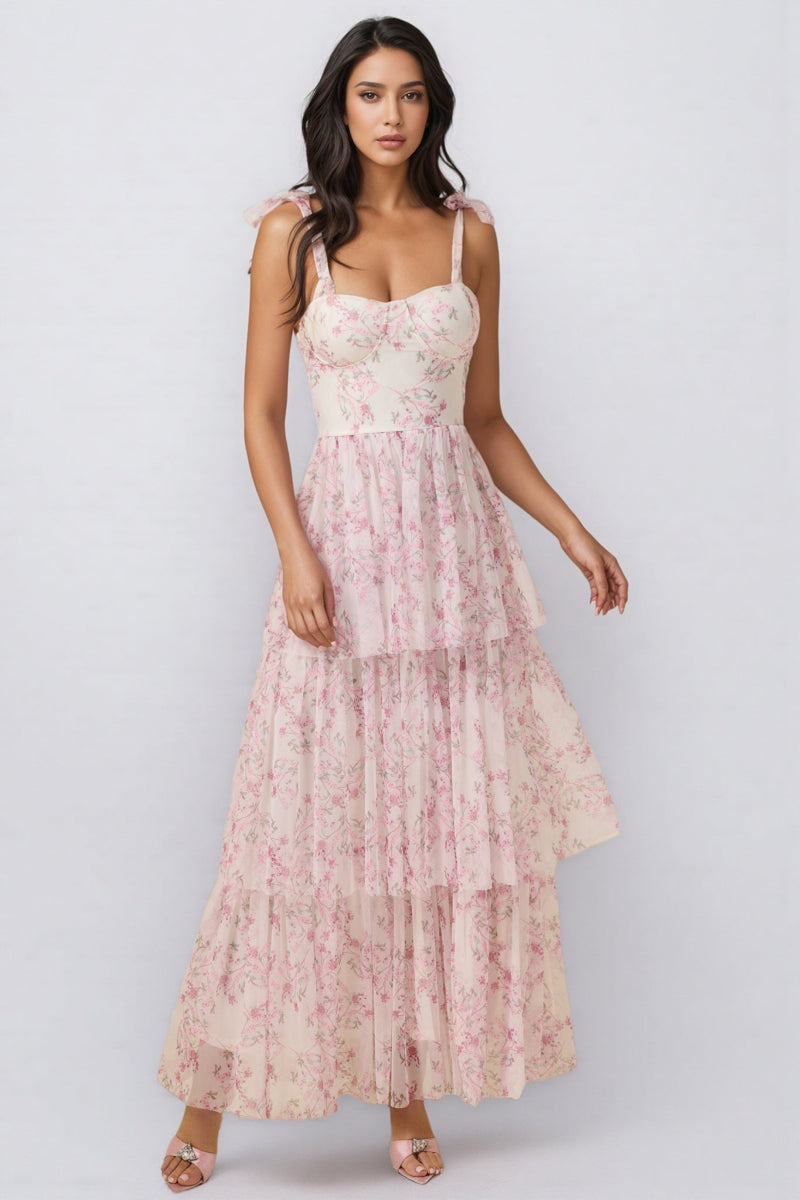 Lindand Lace Up Ruffle Maxi Dress