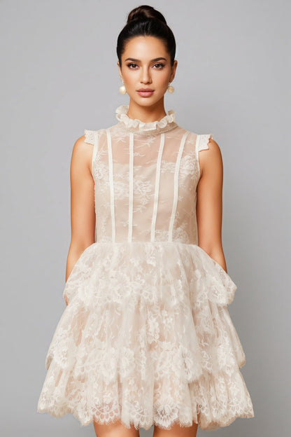 Yamaly White Lace Tiered Mini Dress
