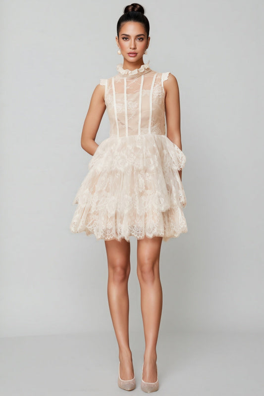 Yamaly White Lace Tiered Mini Dress