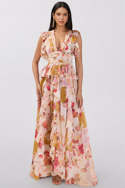 Rosel Ruffle V-neck Split Maxi Dress