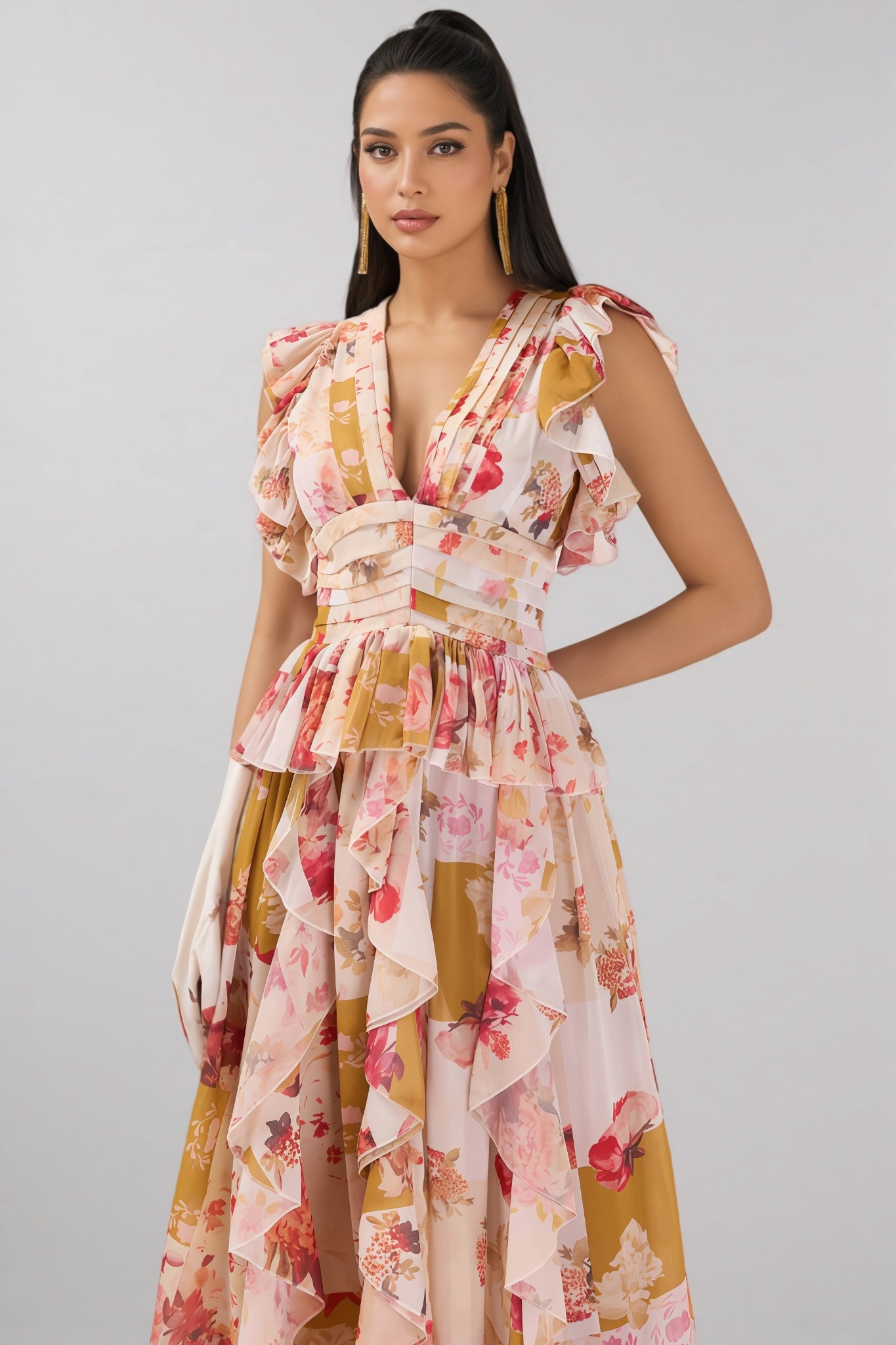 Rosel Ruffle V-neck Split Maxi Dress