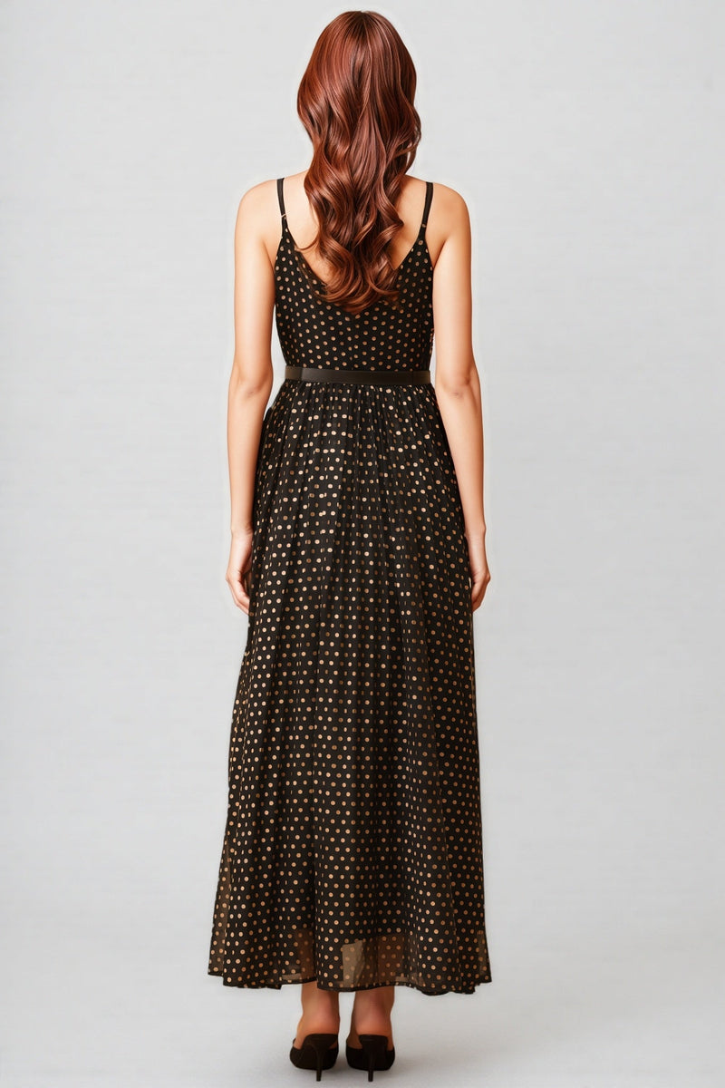 Ierra Black Polka Dot Pleated Midi Dress
