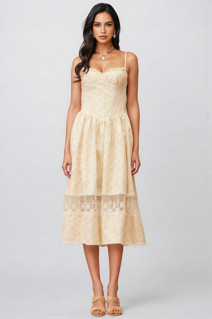 Adrienne Neutral Lace Trim Midi Dress