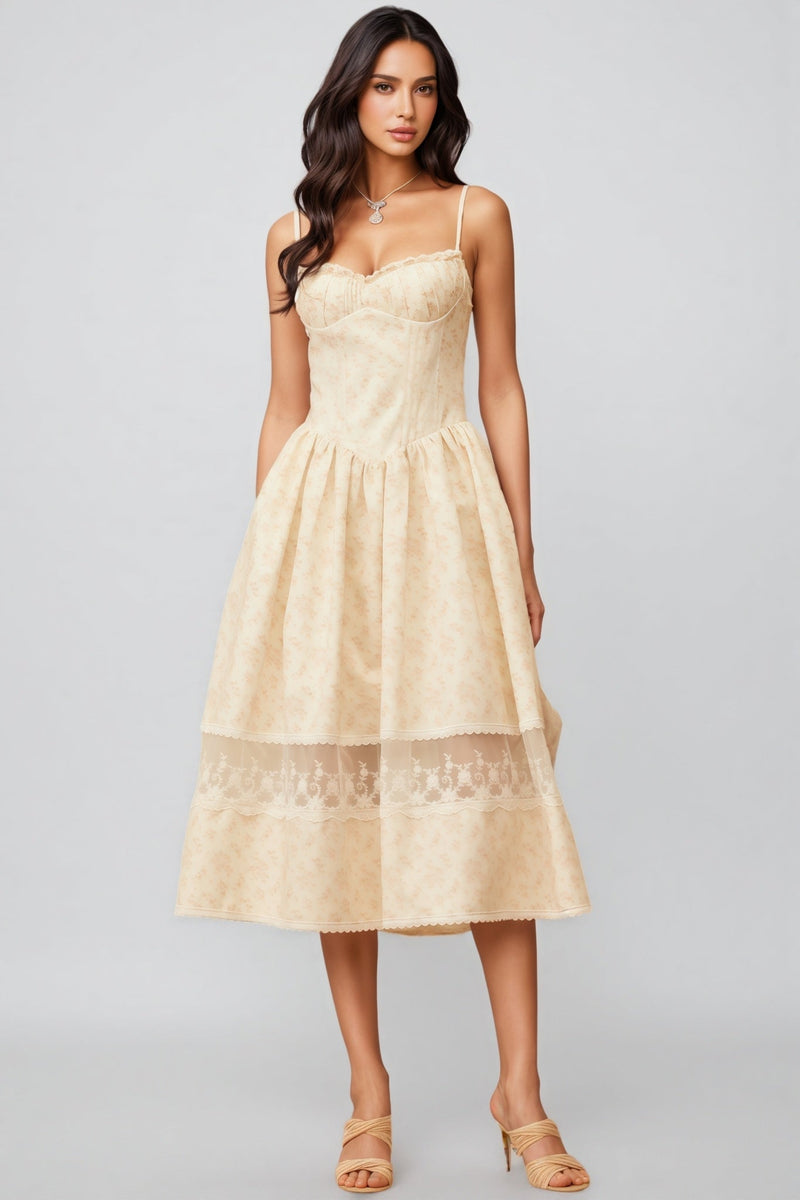 Adrienne Neutral Lace Trim Midi Dress