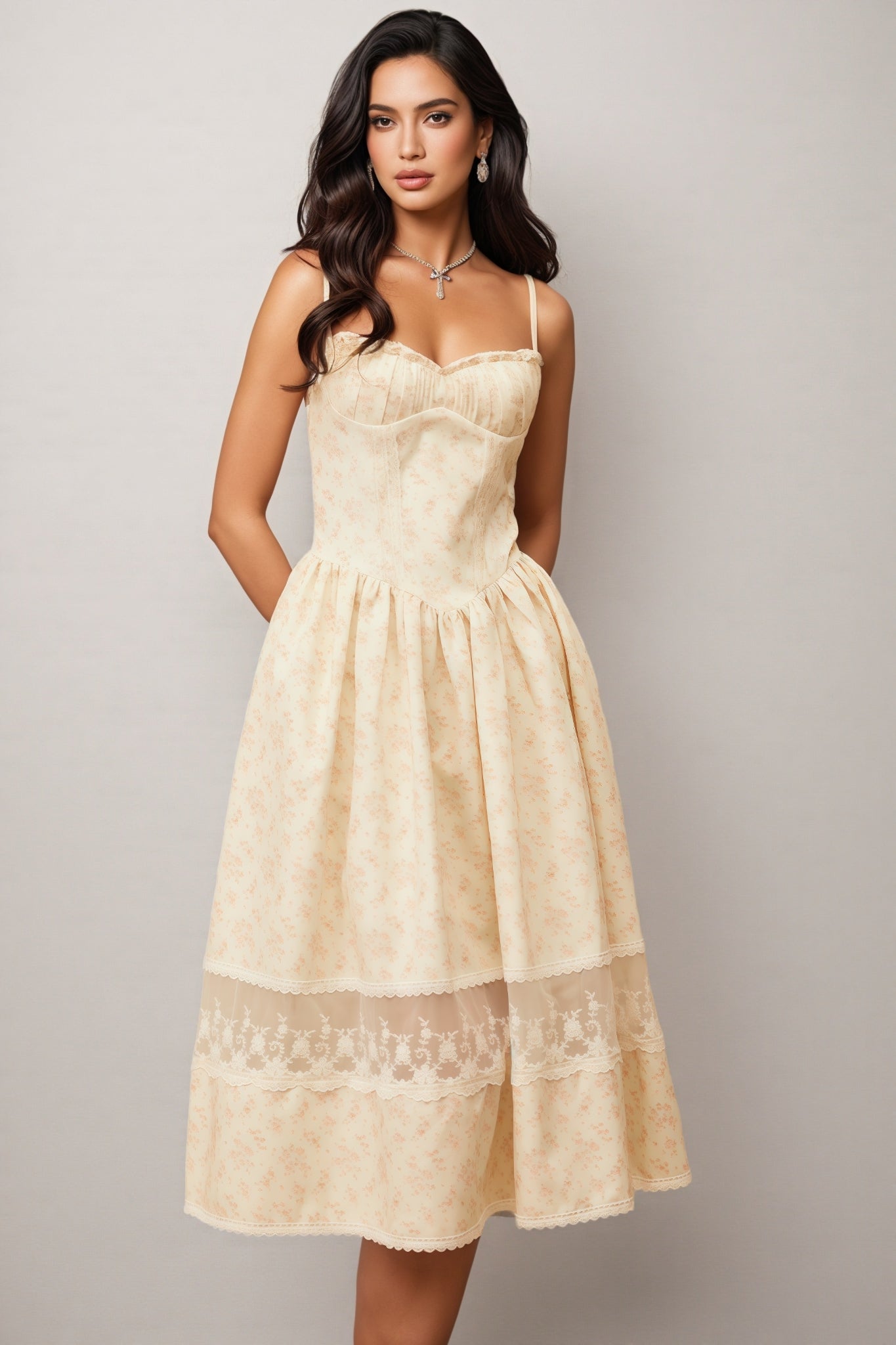 Adrienne Neutral Lace Trim Midi Dress