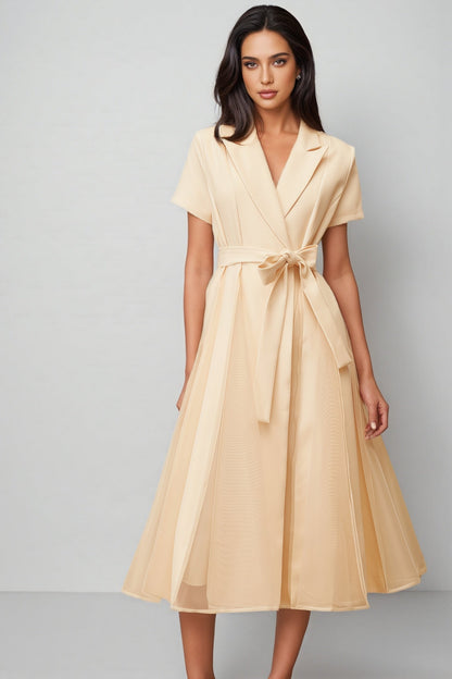 Ivonne Neutral Tulle Panel Wraped Midi Dress