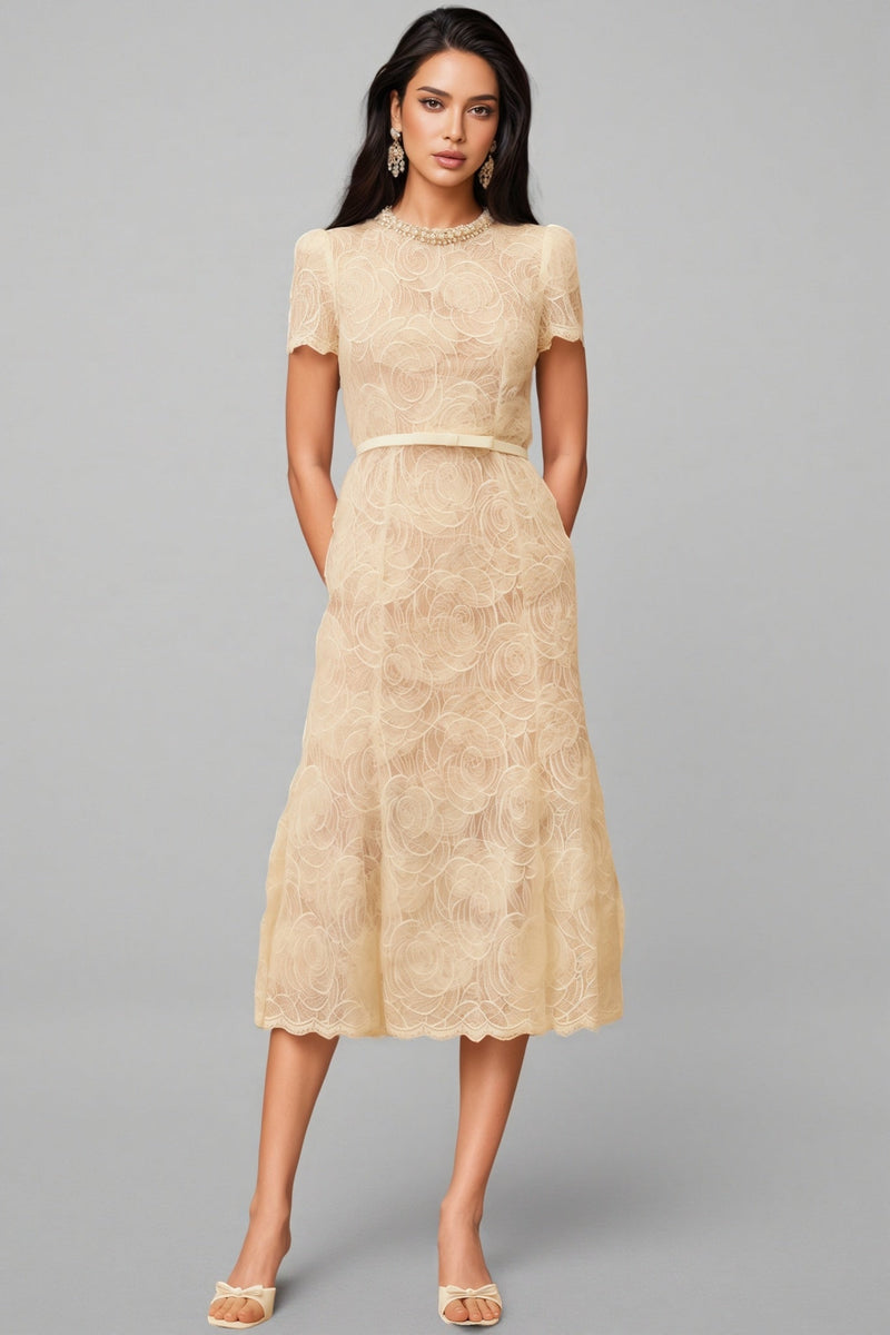 Aurore White Embellished Lace Midi Dress