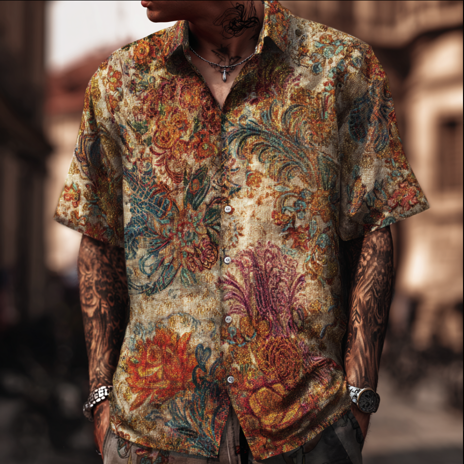 Bohemian Style Plant And Flower Pattern Men's Retro Cotton And Linen Shirt elevenforest