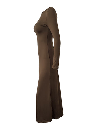 Bodycon Long Sleeves Backless Hollow Color Split-side Round-neck Maxi Dresses