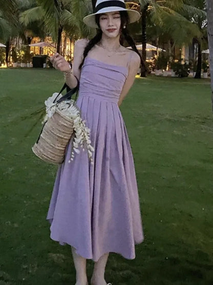 Summer Spaghetti Strap Midi Dress A-line Holiday Beach Style French Korean Slim High Waist Vestido